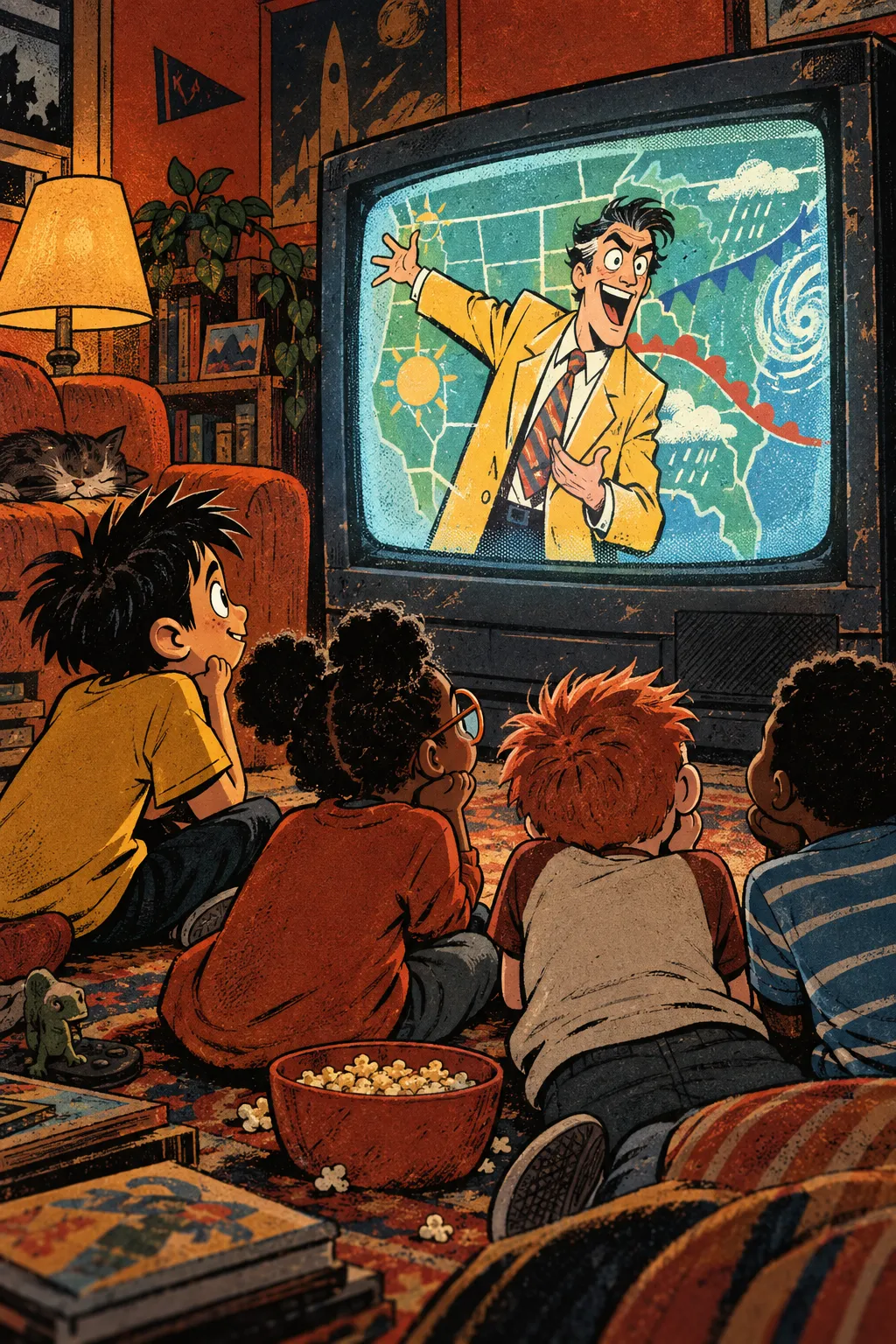 Four children watch a local weather broadcast. One cannot take his eyes off the presenter.