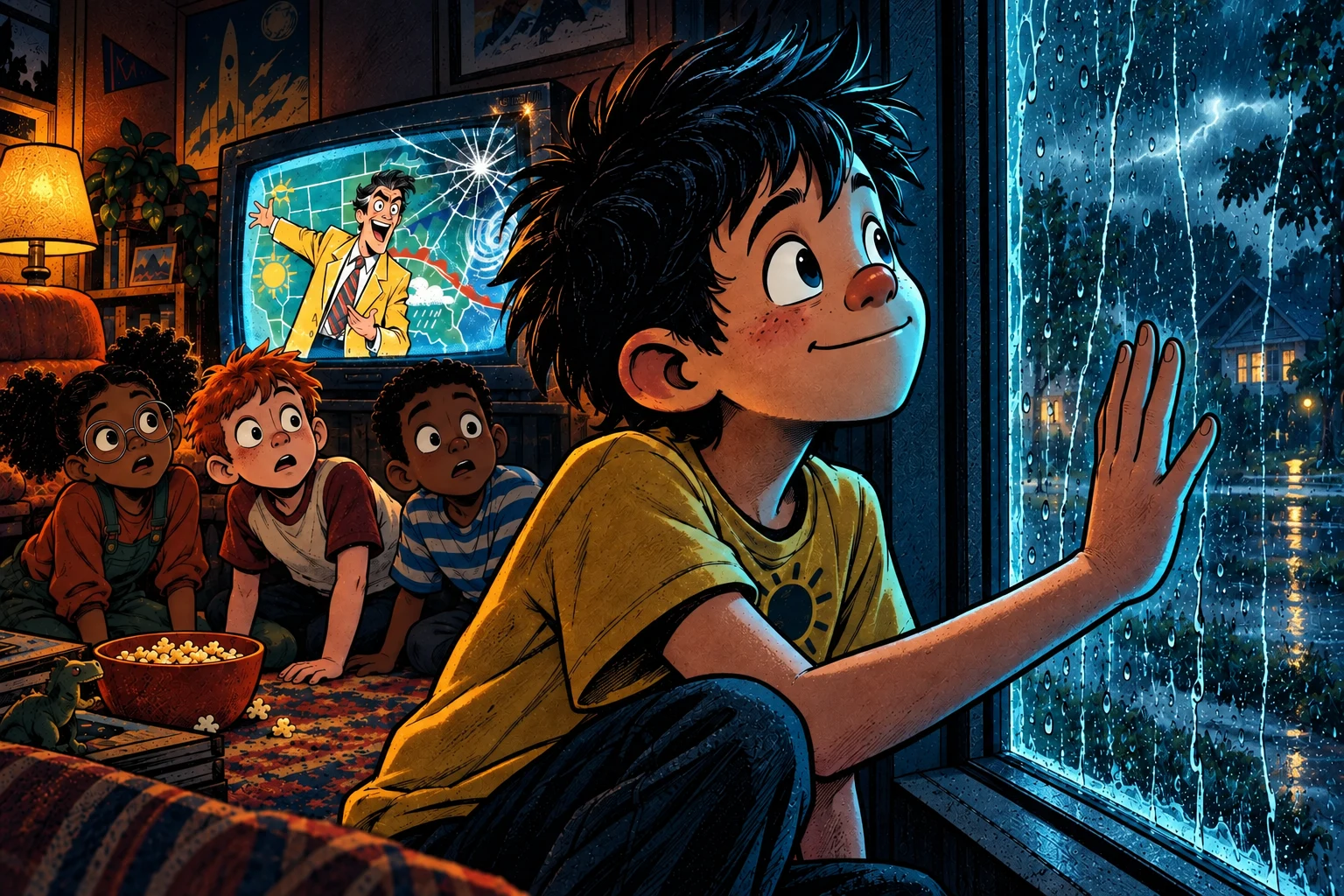 The first raindrops reach the window, confirming what he knew before anyone else. His friends stare in astonishment beside the cracked television.