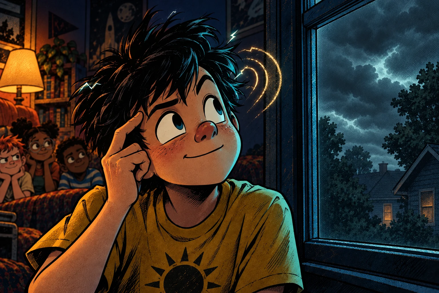 The child touches his temple, sensing an approaching change through the still-dry overcast window.