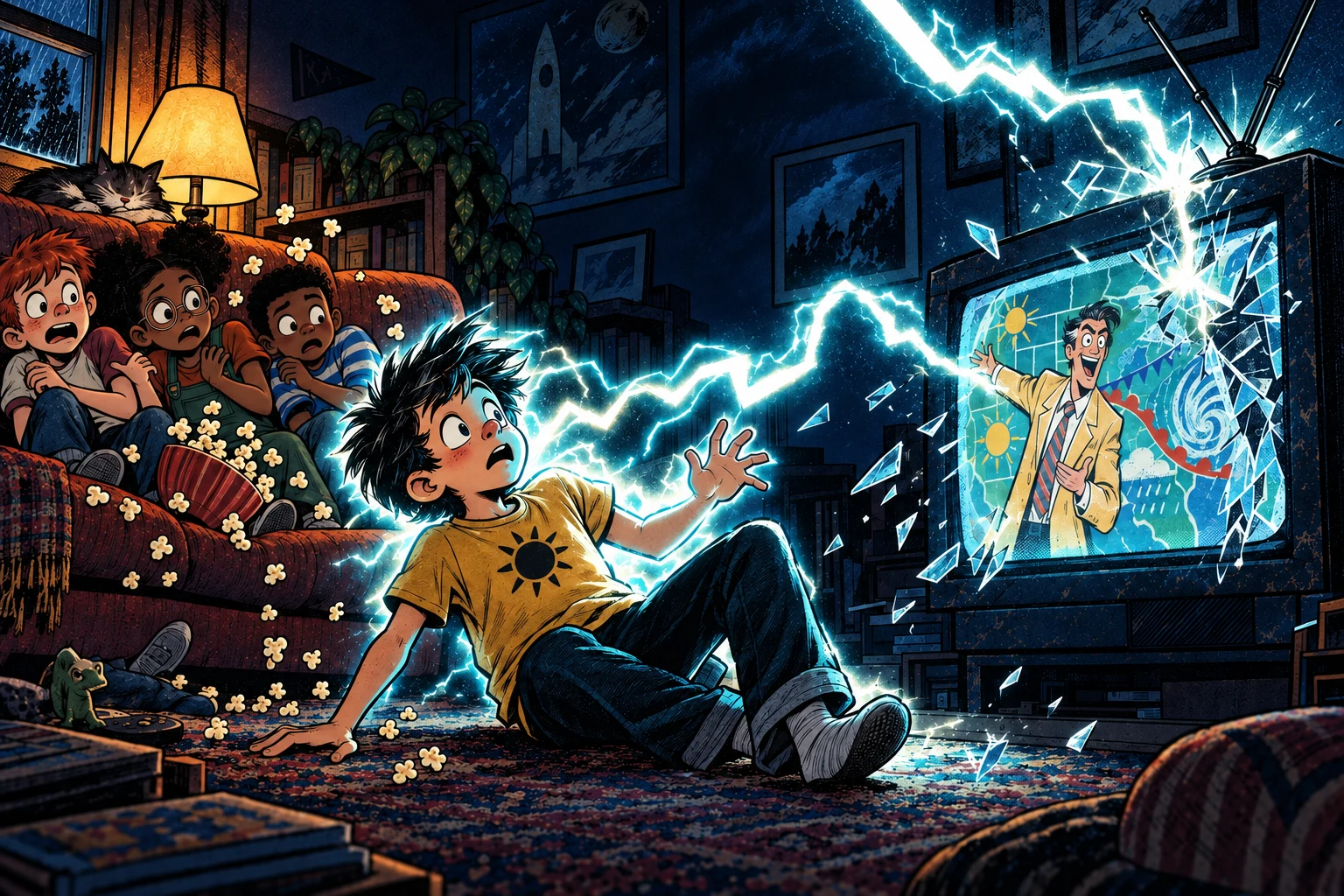 Lightning strikes the television and arcs toward the future Weatherman. His three friends recoil as his weather sense awakens.