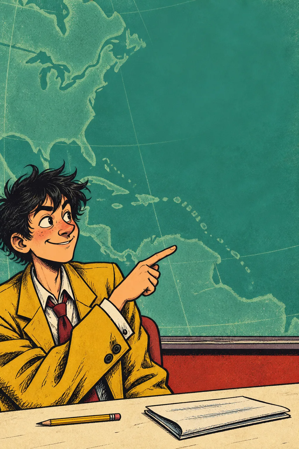An aspiring weather presenter in an oversized yellow blazer points toward a green weather map.