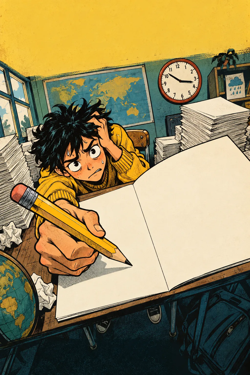 A student bends over a weather exam, pencil poised over a test booklet.